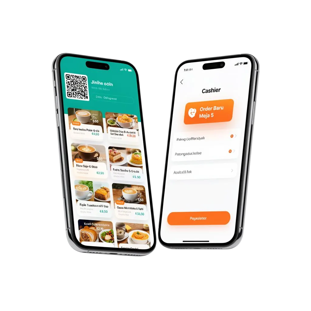 Mockup HP KasirWarkop menu digital dan dashboard kasir